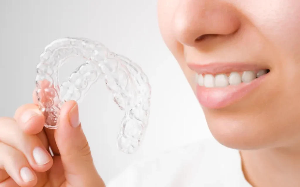 Clear aligner next to a smile